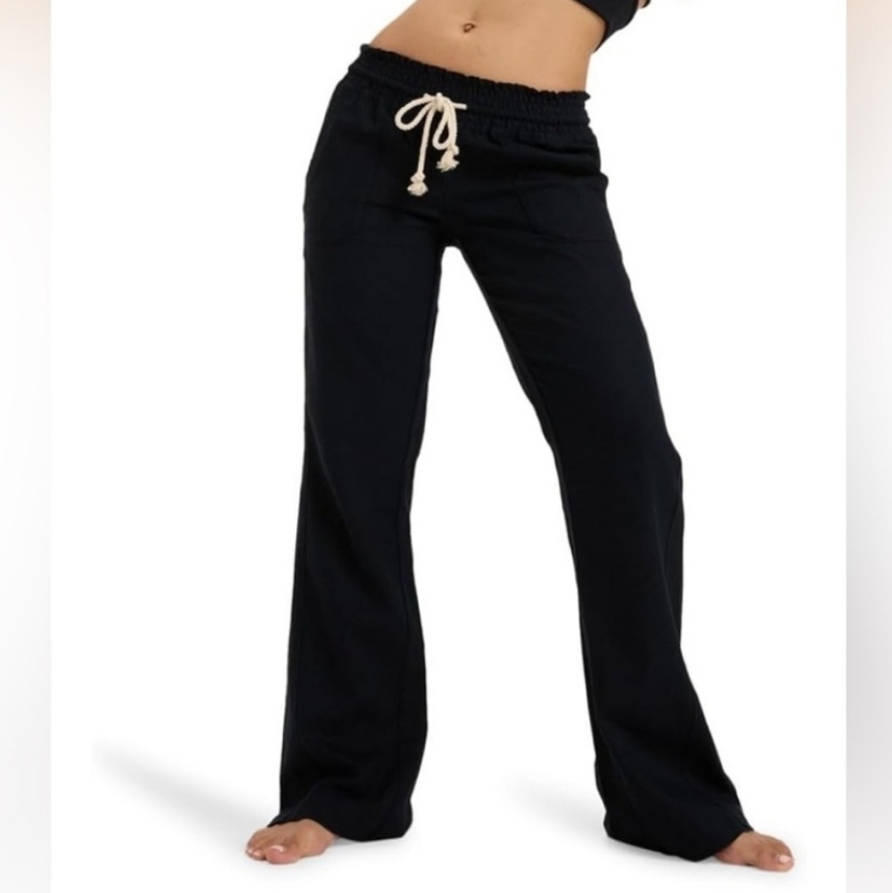Roxy NWT Oceanside Nautical Black Linen Blend Boot Cut Rope Drawstring Pants